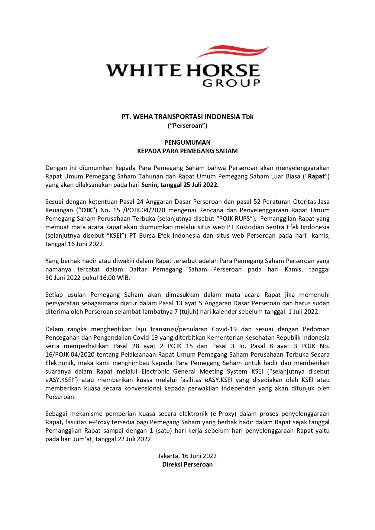 Pengumuman Panggilan RUPST/LB PT. WEHA Transportasi Indonesia, Tbk 2022